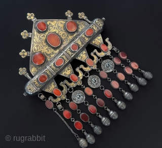 Central-Asian RARE ! Antique Turkmen - İskendery Tribal Silver Tumar - Necklace Fine Gilded and with Old Carnelian This is Turkmen Art Collector Jewelry. Circa - 1900s Size - ''28.5 cm x  ...