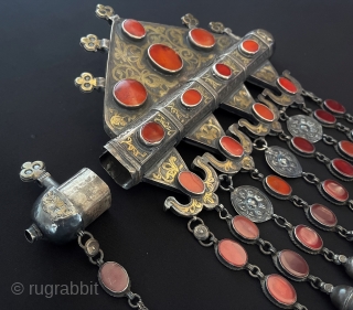 Central-Asian RARE ! Antique Turkmen - İskendery Tribal Silver Tumar - Necklace Fine Gilded and with Old Carnelian This is Turkmen Art Collector Jewelry. Circa - 1900s Size - ''28.5 cm x  ...