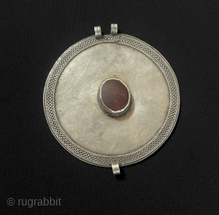 Central-Asian Antique Turkmen Ersary Tribal Silver Amulet Pendant with Carnelian Circa - 1900 Size - ''10 cm x 11 cm'' - Circumference : 32 cm - Weight : 79.5 gr.   