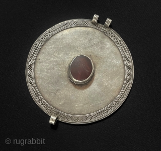 Central-Asian Antique Turkmen Ersary Tribal Silver Amulet Pendant with Carnelian Circa - 1900 Size - ''10 cm x 11 cm'' - Circumference : 32 cm - Weight : 79.5 gr.   