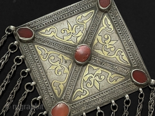 Central-Asian Antique Turkmen Tribal Silver Necklace - Gonchuk Fine Hand Carved Gilded with Old Carnelian Circa - 1900s Size - ''15.5 cm x 15.5 cm'' - Lenght : 25 cm - Tassels  ...