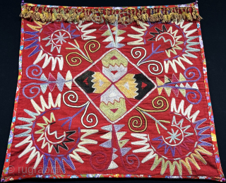 Central Asian Lakai talismanic silk embroidered mirror cover. Saturated natural colors with traditional Lakai Kungrat zoomorphic motifs. Size : 21.5'' x 21'' - ''55 cm x 55 cm'' turkmansilver@gmail.com.