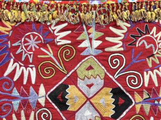 Central Asian Lakai talismanic silk embroidered mirror cover. Saturated natural colors with traditional Lakai Kungrat zoomorphic motifs. Size : 21.5'' x 21'' - ''55 cm x 55 cm'' turkmansilver@gmail.com.