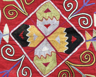 Central Asian Lakai talismanic silk embroidered mirror cover. Saturated natural colors with traditional Lakai Kungrat zoomorphic motifs. Size : 21.5'' x 21'' - ''55 cm x 55 cm'' turkmansilver@gmail.com.