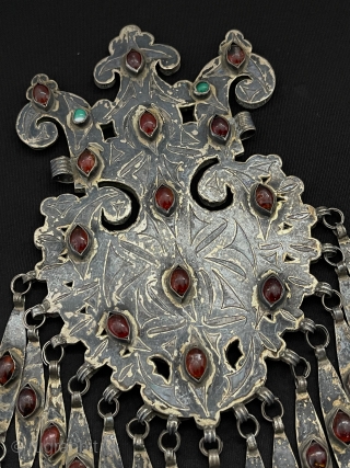 Antique Turkmen Tekke Tribe Silver Gurbakka Talisman Pendant with Silver Tassels & Gilded with Carnelian Original Ethnic Tribal Turkmen Art Jewelry. Circa - 1900 Size - ''25 cm x 10.5 cm'' -  ...