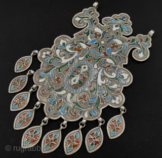 Antique Bukhara Enamel Tribal Silver Talisman Necklace with Silver Tassels. Uzbek Bukhara Art Jewelry Collector. Great Condition ! Size - ''19.5 cm x 11.5 cm'' - Weight : 160 gr. turkmansilver@gmail.com  