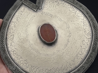 Antique Afghan Tribal Silver Talisman Pendant with Carnelian. Talisman Necklace with Islamic Arabic Manuscript on Silver & on Stone (Ayetel-Kürsi) Dua. Excellent Condition ! Circa - 1900s Size - ''15.5 cm x  ...