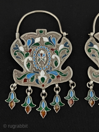 Antique pair of Bukhara Silver Enamel Earrings. Size - ''10.5 cm x 5.5 cm'' - Weight : 68 gr. turkmansilver@gmail.com             