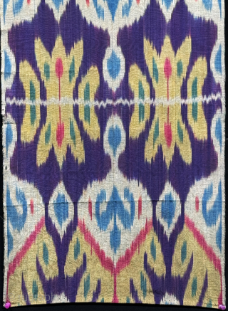Tajikistan silk adras ikat fragment. Saturated natural colors form vegetable dyes. Size : 49.5'' x 14.5'' - ''125 cm x 37 cm'' turkmansilver@gmail.com.