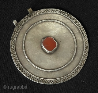 Antique Turkmen Talismanic Tribal Silver Pendant with Carnelian Circa - 1900 Excellent Condition. Size - ''9.5 cm x 9.5 cm'' - Circumference : 30.5 cm - Weight : 54 gr.   