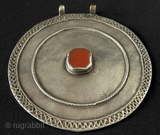 Antique Turkmen Talismanic Tribal Silver Pendant with Carnelian Circa - 1900 Excellent Condition. Size - ''9.5 cm x 9.5 cm'' - Circumference : 30.5 cm - Weight : 54 gr.   