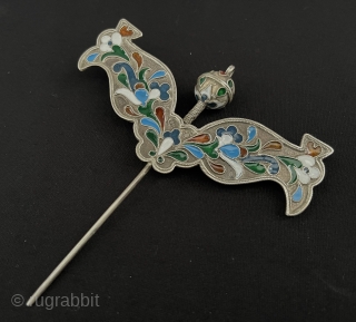 Antique Uzbek - Bukhara Traditional Enameld Silver Hair Pin & Hair Jeweller Accessories Great Condition ! Size - ''11.5 cm x 10.5 cm'' - Weight : 32 gr. turkmansilver@gmail.com
    