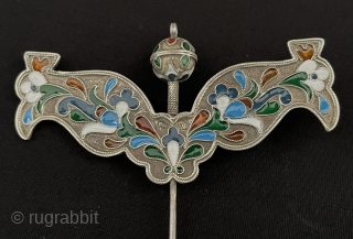 Antique Uzbek - Bukhara Traditional Enameld Silver Hair Pin & Hair Jeweller Accessories Great Condition ! Size - ''11.5 cm x 10.5 cm'' - Weight : 32 gr. turkmansilver@gmail.com
    