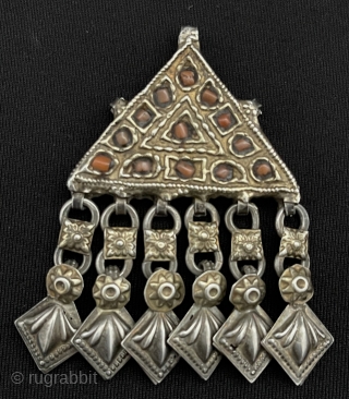 Antique Uzbekistan Tribal Silver Pendant with Coral & Silver Tassels Fire Gilded Circa - 1900s Size - ''6.5 cm x 4 cm'' - Weight : 19 gr. turkmansilver@gmail.com     