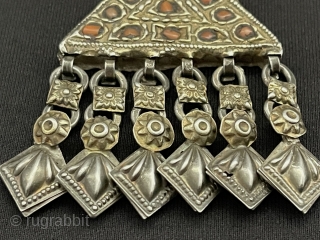 Antique Uzbekistan Tribal Silver Pendant with Coral & Silver Tassels Fire Gilded Circa - 1900s Size - ''6.5 cm x 4 cm'' - Weight : 19 gr. turkmansilver@gmail.com     