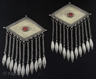Central - Asia A Pair of Antique Turkmen - Tekke Tribe Silver Headpiece & Hair Jewelry Fire Gilded with Carnelian Original Ethnic Turkoman Art Jewelry. Great Condition ! Circa - 1900s Size  ...