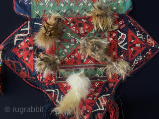 Turkmen - Yomud Ceremonial Tribal Camel Trapping Fragment with Flaps. A rare beautiful camel head wear top part fragment which comes to camel’s head and forehead. Russian printed cotton backing. They decorate  ...