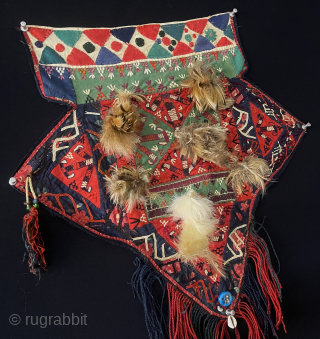 Turkmen - Yomud Ceremonial Tribal Camel Trapping Fragment with Flaps. A rare beautiful camel head wear top part fragment which comes to camel’s head and forehead. Russian printed cotton backing. They decorate  ...