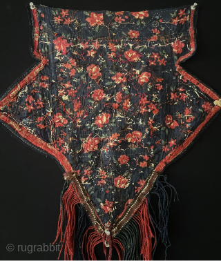 Turkmen - Yomud Ceremonial Tribal Camel Trapping Fragment with Flaps. A rare beautiful camel head wear top part fragment which comes to camel’s head and forehead. Russian printed cotton backing. They decorate  ...