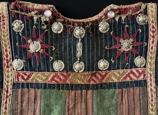 Antique Turkmen silk Embroidered Child Costume with Silver Beads & Cowrie Shells. Nomadic Turkmen Ceremonial Children Costume Size - ''50 cm x 53 cm'' turkmansilver@gmail.com        