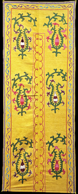 Uzbekistan silk embroidered antique nim suzani. Fine chain stitch silk embroidery on very fine hand loomed cotton. İt has no backing. Size : 59'' x 23'' - ''150 cm x 58 cm''  ...