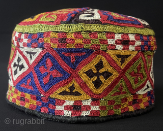 Antique Turkmen Silk Cross Stitched Embroidered Skullcap & Hat. Kopet mountain Turkmen Hat Silk Embroidery on Plain Cotton Zoomorphic motifs on dome part. İt is All Fine Silk Embroidered on Cotton. İt  ...