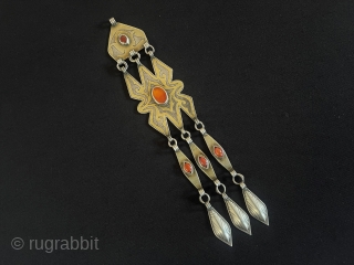 Antique Turkmen Tribal Silver Pendant Gilded with Carnelian Great Condition Circa - 1900 Size -  ''19.5 cm x 4 cm'' - Weight : 33 gr.       