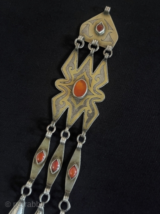 Antique Turkmen Tribal Silver Pendant Gilded with Carnelian Great Condition Circa - 1900 Size -  ''19.5 cm x 4 cm'' - Weight : 33 gr.       