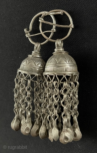 Antique Pair of Uzbek Tribal Silver Earrings with Silver Tassels. Circa - 1900 Great Condition. Size - Height : 7.5 cm - Circumference : 7 cm - Weight : 25 gr. turkmansilver@gmail.com 