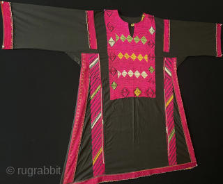 Pakistan Swat Valley Tribal Silk Embroidered Women Dress. Couching embroidery floss silk embroidery on plain black cotton. Size - Height : 117 cm x Arm to Arm : 160 cm x Armpit  ...