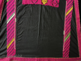 Pakistan Swat Valley Tribal Silk Embroidered Women Dress. Couching embroidery floss silk embroidery on plain black cotton. Size - Height : 117 cm x Arm to Arm : 160 cm x Armpit  ...