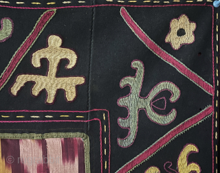 Antique Kyrgyzystan Silk Embroidered Aina Khalta & Mirror Cover with İkat and Zoomorphic Motifs. It is in good condition. It has a cotton ikat backing. Size - ''60 cm x 56 cm''  ...