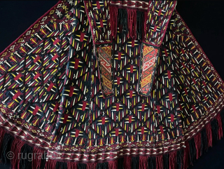 Turkmen - Tekke fine silk embroidered Chirpy costume. Amazing saturated dyes with deep green background. Size - Height : 105 cm without tassels x Shoulder size : 34 cm x Tassels :  ...