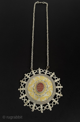 Antique Turkmen Ethnic Tribal Silver Talismanic Pendant Fire Gilded and with Carnelian.
İslamic evil eye verse written on the stone. Circa - 1900 Size - ''12 cm x 12 cm'' - Lenght with  ...