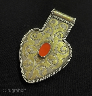 Central-Asian Antique Turkmen Tribal Silver İskendery Design Asyk Pendant Fine Gilded with Carnelian Great Condition Circa - 1920 Size - ''9.5 cm x 6 cm'' - Weight : 72 gr.   