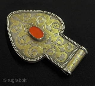 Central-Asian Antique Turkmen Tribal Silver İskendery Design Asyk Pendant Fine Gilded with Carnelian Great Condition Circa - 1920 Size - ''9.5 cm x 6 cm'' - Weight : 72 gr.   