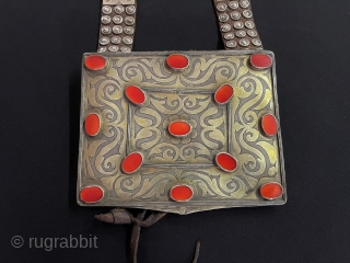 Antique Turkmen Ethnic Tribal Silver Bag & Heikel Fire Gilded Carnelian with Old Leather. Very Fine Handcrafted. This is Turkmen Art Jewelry. Circa - 1900 Size - ''12 cm x 15 cm''  ...