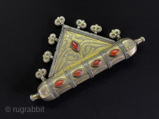 Central-Asian Antique Turkmen Tribe Silver Amulet Pendant (Tumar) Fire Gilded with Carnelian Circa - 1900 Size - ''10 cm x 17.5 cm'' - Weight : 200 gr.
      