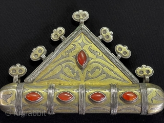 Central-Asian Antique Turkmen Tribe Silver Amulet Pendant (Tumar) Fire Gilded with Carnelian Circa - 1900 Size - ''10 cm x 17.5 cm'' - Weight : 200 gr.
      