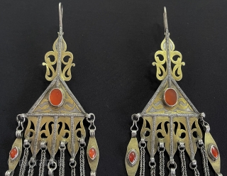 Central-Asian A pair of Turkmen Tribal Silver Earrings Fire Gilded with Carnelian & Headpiece Accesories. Turkmen women use it in weddings and special occasions. Size - ''22 cm x 6 cm'' -  ...