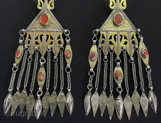 Central-Asian A pair of Turkmen Tribal Silver Earrings Fire Gilded with Carnelian & Headpiece Accesories. Turkmen women use it in weddings and special occasions. Size - ''22 cm x 6 cm'' -  ...