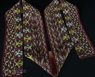 Turkmenistan - Turkmen Tekke Silk Embroidered Chirpy Collar. Very fine Tekke tribe silk lacing embroidery on silk. It is in great condition. Size - ''220 cm x 13 cm'' turkmansilver@gmail.com.   