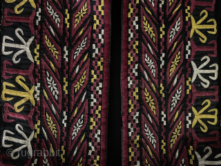 Turkmenistan - Turkmen Tekke Silk Embroidered Chirpy Collar. Very fine Tekke tribe silk lacing embroidery on silk. It is in great condition. Size - ''220 cm x 13 cm'' turkmansilver@gmail.com.   