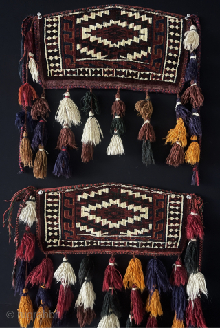 Antique Turkmen - Yomud pair of mini asmalyk & trapping. All very fine wool woven for dowry items and they are kept on their walls. Saturated natural colors. All tassels survived in  ...