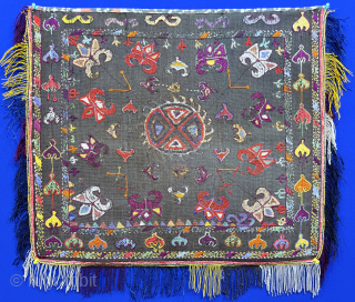 Tajikistan Kungrat silk embroidered mirror cover. Saturated natural colors with traditional lakai, Kungrat zoomorphic motifs. Russian printed cotton fabric backing and silk tassels.