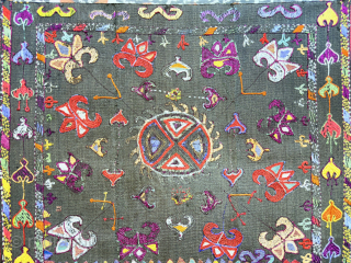 Tajikistan Kungrat silk embroidered mirror cover. Saturated natural colors with traditional lakai, Kungrat zoomorphic motifs. Russian printed cotton fabric backing and silk tassels.