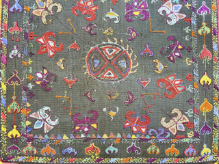 Tajikistan Kungrat silk embroidered mirror cover. Saturated natural colors with traditional lakai, Kungrat zoomorphic motifs. Russian printed cotton fabric backing and silk tassels.