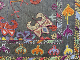 Tajikistan Kungrat silk embroidered mirror cover. Saturated natural colors with traditional lakai, Kungrat zoomorphic motifs. Russian printed cotton fabric backing and silk tassels.