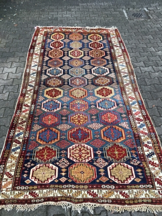 Fantastic sky blue shirwan area antique beauty. Very elegant Caucasian piece with a very good size (320 cm x 170 cm; 10.4 ft x 5.5 ft ).Great abrashes and original ends and  ...