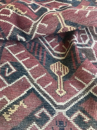 Impressive Beshir or Ersari chuval with Ikat design. Rare! Complete with one tiny hole. Big size and super decorative not on the wall. With original kelim and huge size: 160 cm x  ...